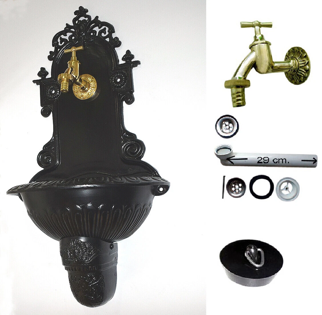 Antik Alu Bassena Garten Wand Brunnen Wandbrunnen Kran Wasser Zapfstelle FOU-1B