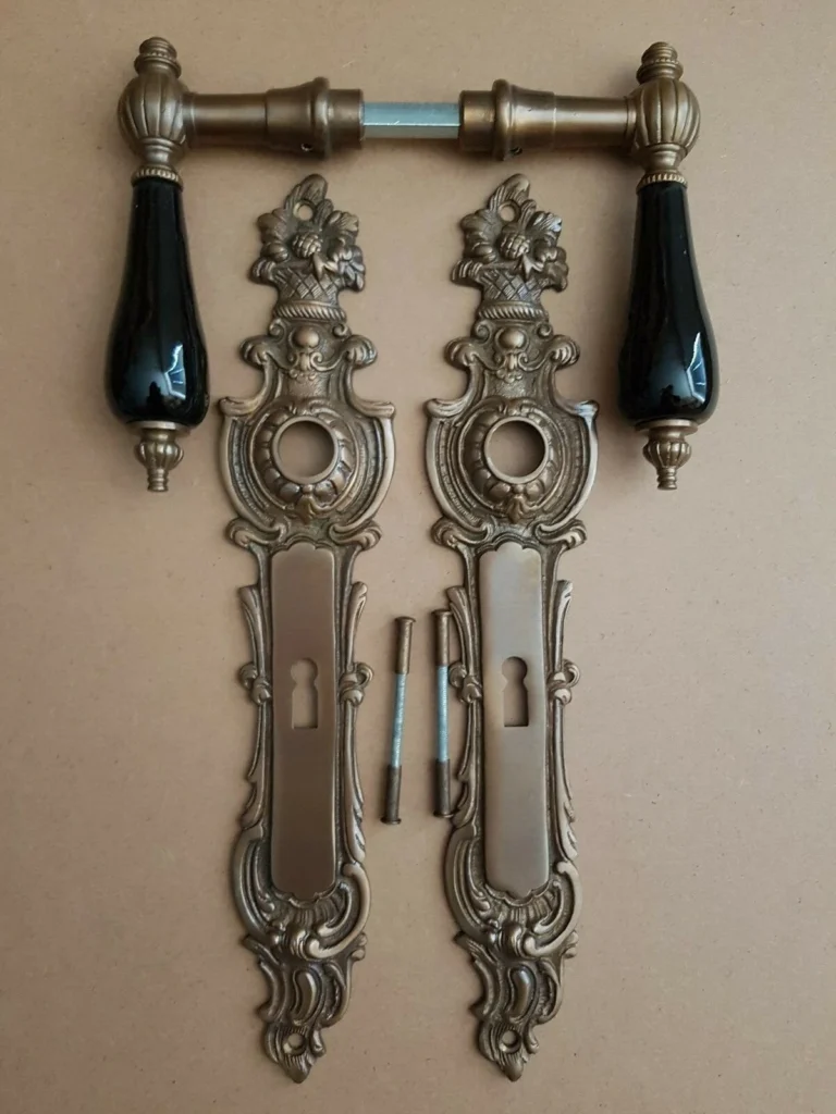 Antik Messing Türbeschlag BB72 Langschild Türgriffe Türdrücker Gründerzeit N12-A