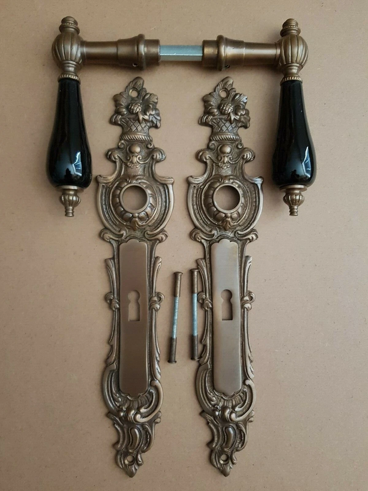 Antik Messing Türbeschlag BB72 Langschild Türgriffe Türdrücker Gründerzeit N12-A