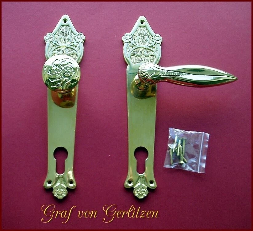 Messing Poliert Haustürbeschlag Türdrücker Jugendstil PZ 92 Langschild S43-4P