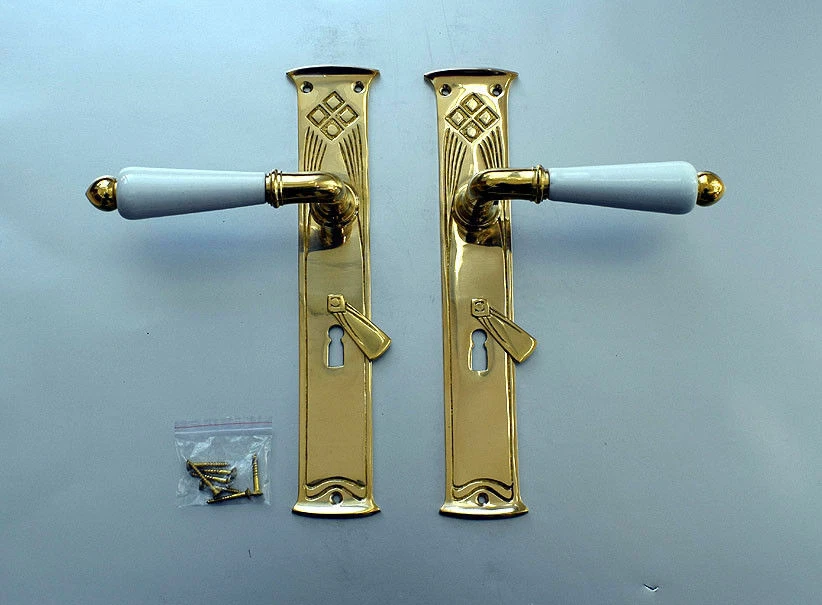 Antik Messing Türbeschlag BB72 Langschild Türgriffe Türdrücker Art Deco S102-1P