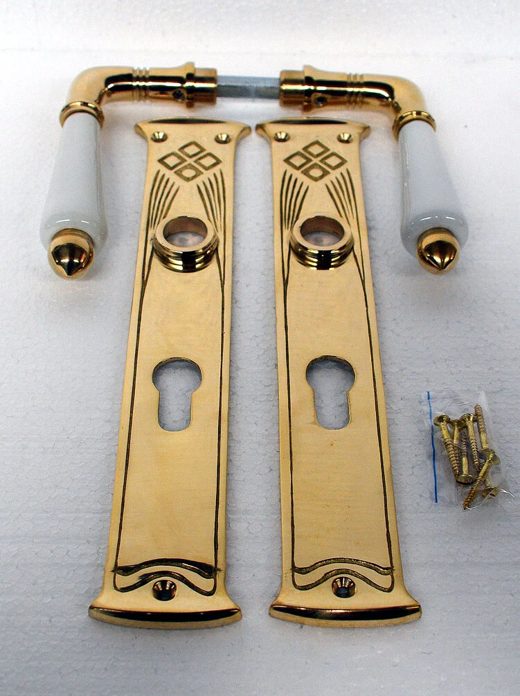 Messing Poliert Türbeschlag PZ72 Langschild Antik Türgriffe Art Deco S102-2P