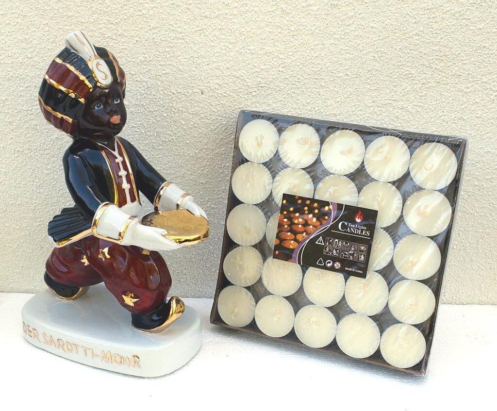 Porzellan Figur Porzellanfigur Werbefigur Sarotti Mohr mit 50 Teelichtern Tablett passend dafür selten rar 28 cm. S98